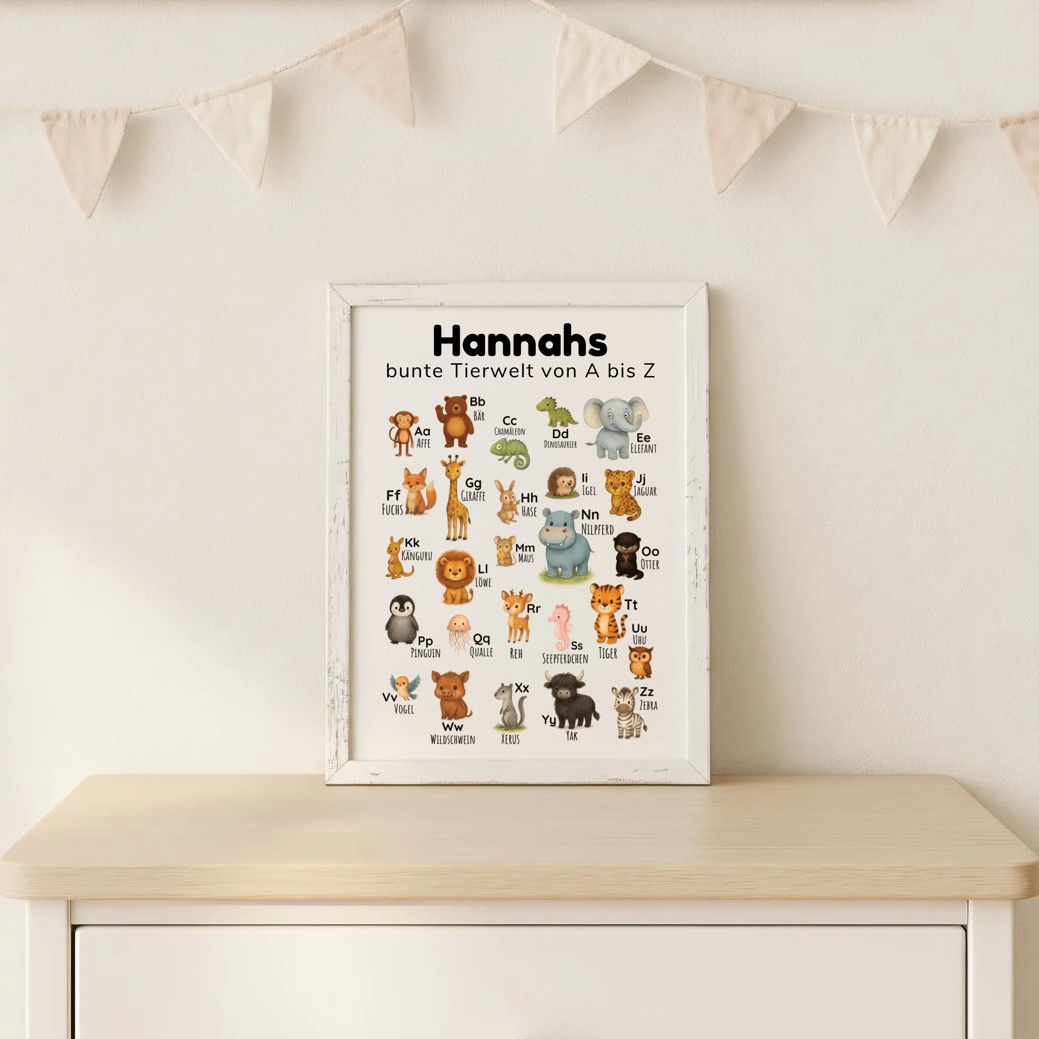 ABC Poster "Bunte Tierwelt" mit Tieren, personalisierbar mit Name; Format: DIN A4 Hochformat. Lernposter in deutscher Sprache fürs Kinderzimmer, Alphabet von A bis Z, spielerisch lernen
