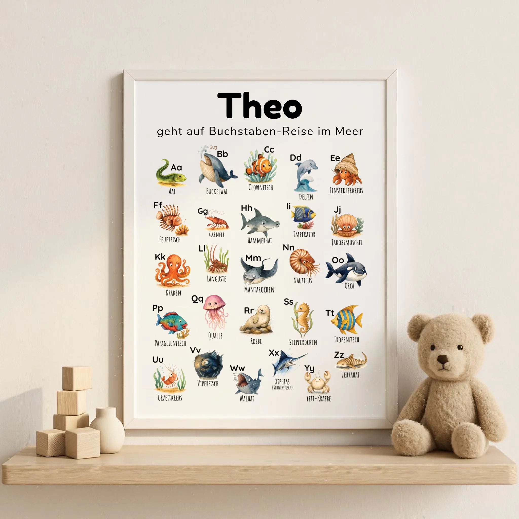 ABC-Poster für Kinder im Ozean Design, personalisierbar mit Namen und Spruch, Illustrationen mit Meerestieren wie Delfin, Wal und Seestern, pädagogisch wertvoll zur frühen Buchstabenerkennung, ideal für Kinderzimmer, Kita und Einschulung, Druck im Hochformat DIN A3, beliebt in Deutschland