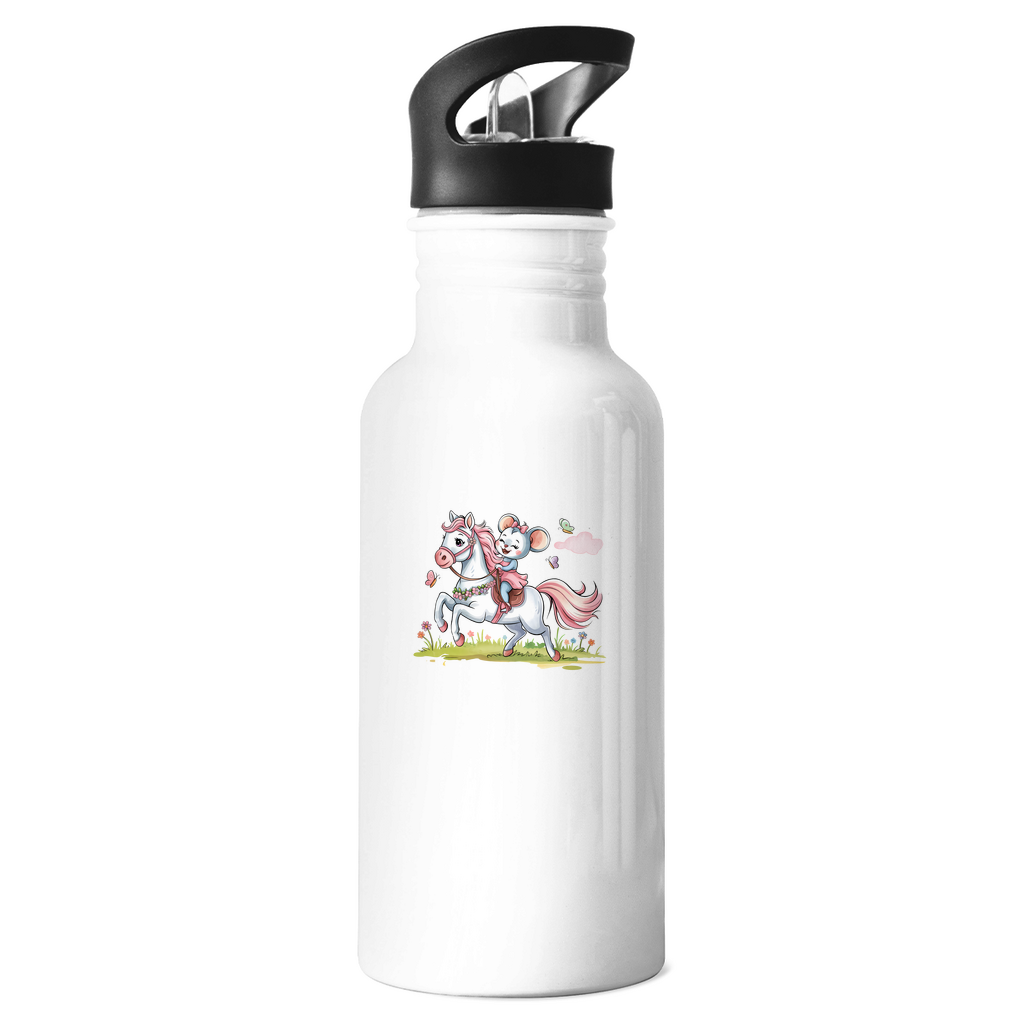 Kinder Edelstahl Trinkflasche "Little Rider" für Mädchen mit Pferde Motiv: Kleine Maus reitet auf weißem Pony durch Frühlingswiese mit Schmetterlingen