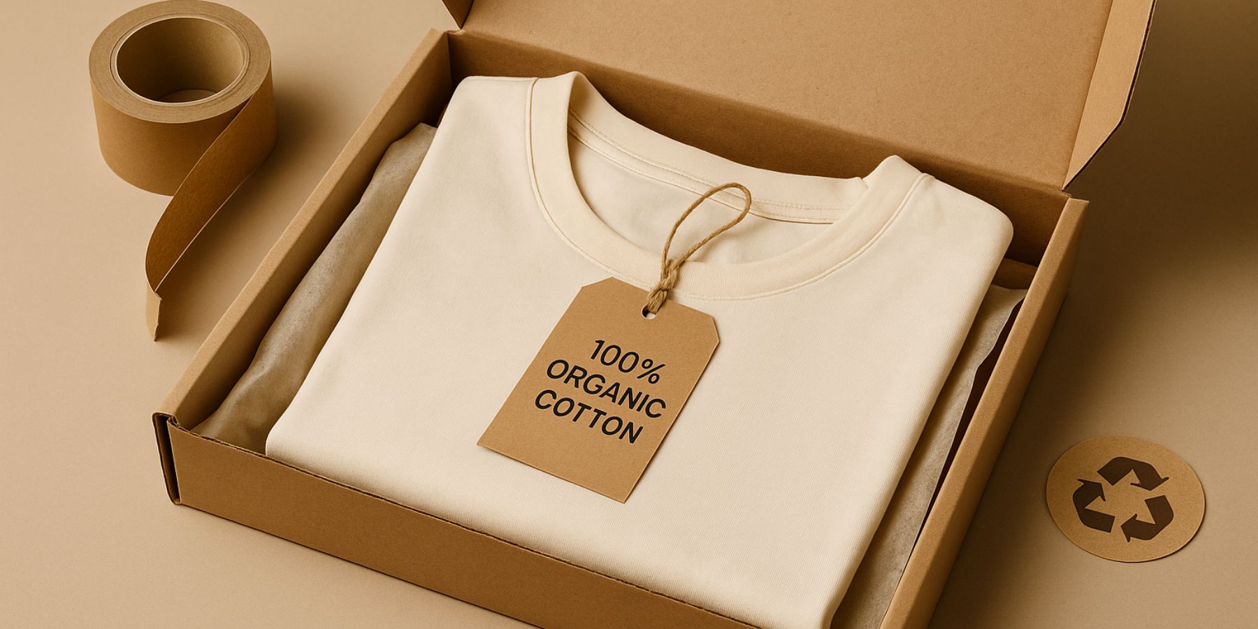 Sorgfältig verpacktes Bio-Baumwollshirt mit 100 Prozent Organic Cotton Label in umweltfreundlicher Versandbox