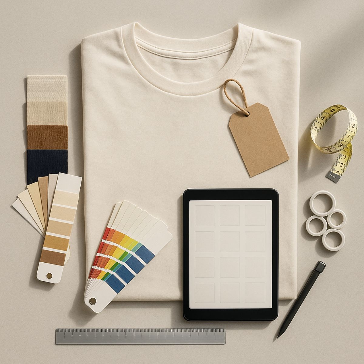 Kachel So funktioniert’s – Schritt Wählen: Flatlay mit gefaltetem Bio-Baumwoll-T-Shirt, Farbfächern, Stoffmustern und Tablet auf warmgrauem Hintergrund – Auswahl von Motiv, Farbe und Größe