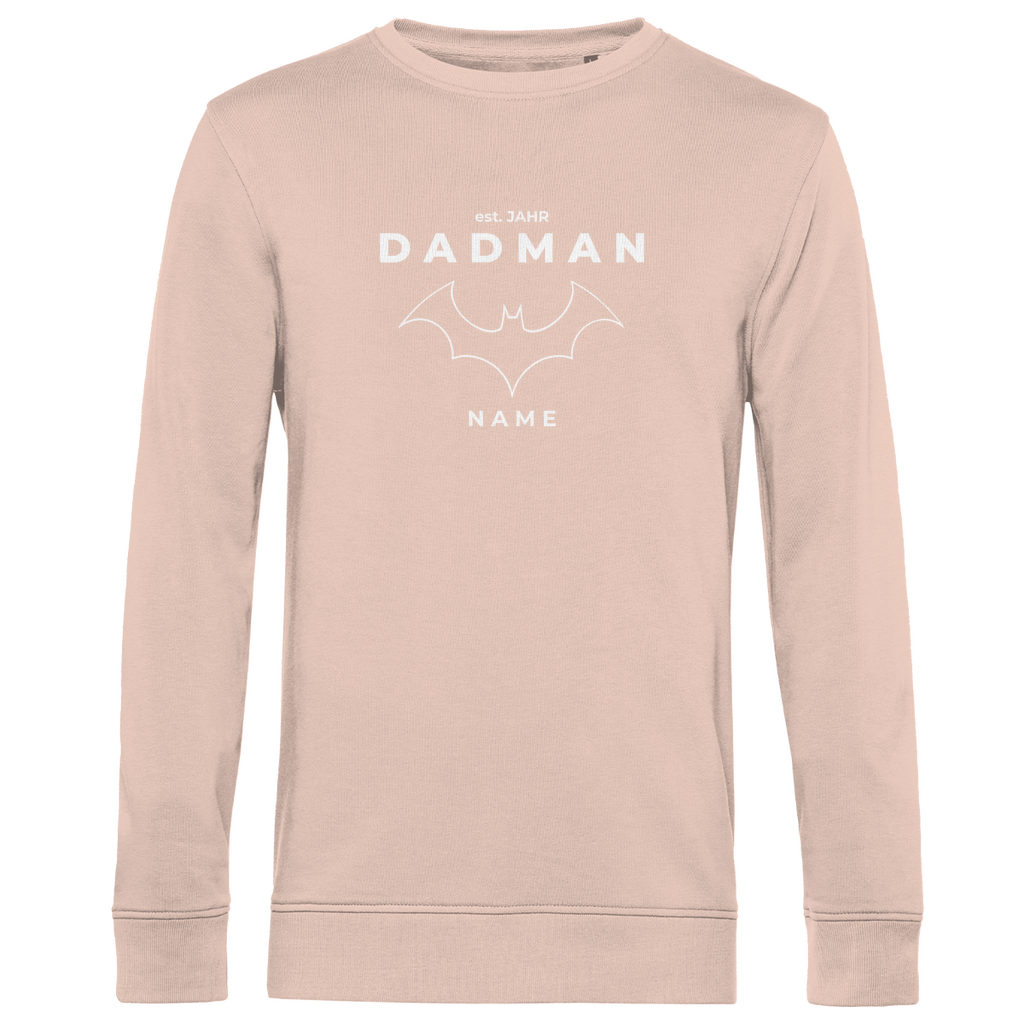 Sweatshirt Herren „DADMAN“ personalisierbar aus Bio-Baumwolle in Rosa – dezentes Superhelden-Design mit Rundhals, für Papas mit Stil