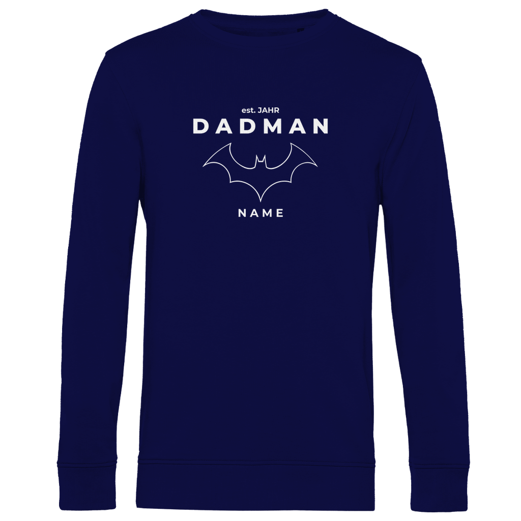 Sweatshirt Herren „Superheld Origins“ personalisierbar aus Bio-Baumwolle in Navy Blau – dezentes Superhelden-Design mit Rundhals, für Papas mit Stil