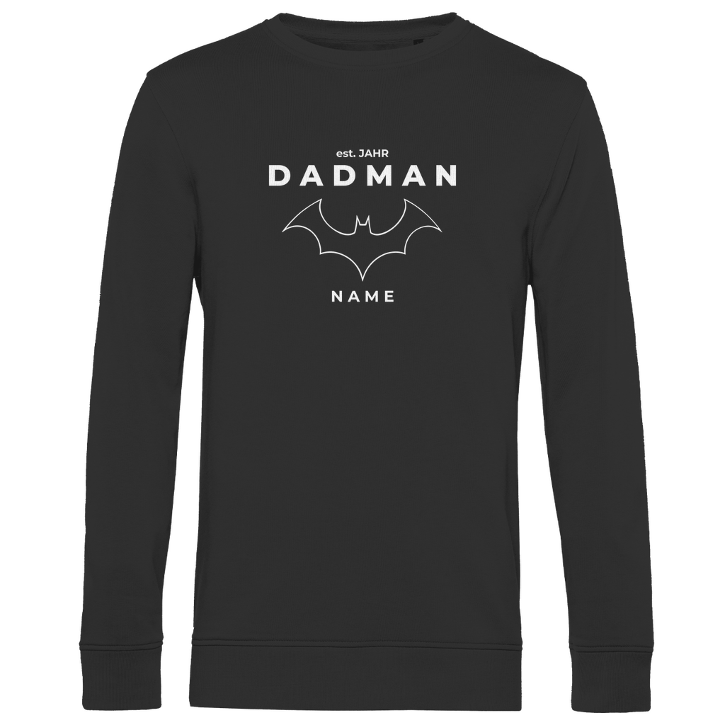 Sweatshirt Herren „Superheld Origins“ personalisierbar aus Bio-Baumwolle in Schwarz – dezentes Superhelden-Design mit Rundhals, für Papas mit Stil