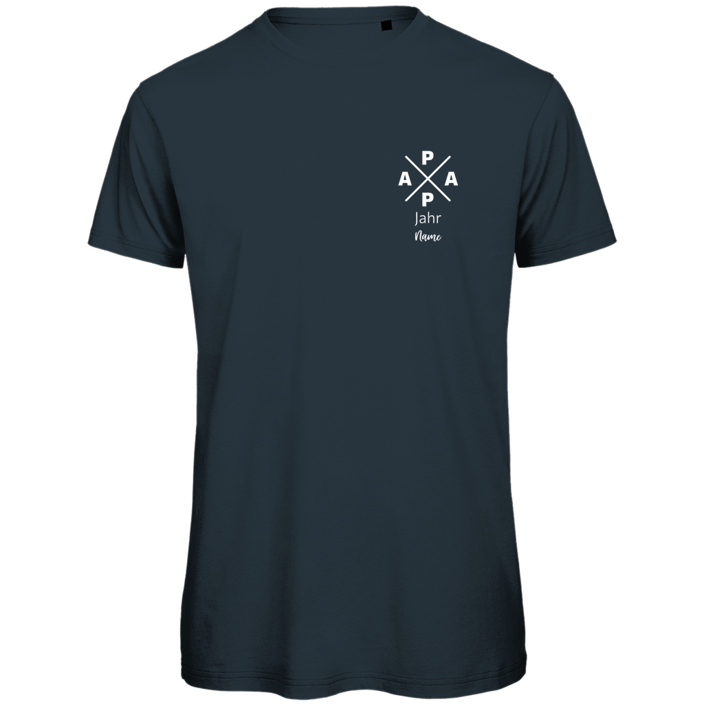 T-Shirt Herren "PAPA X Mini" personalisierbar aus Bio-Baumwolle in dunklem Grau – minimalistisches Design für Väter, mit Namen und Geburtsjahr veredelbar.