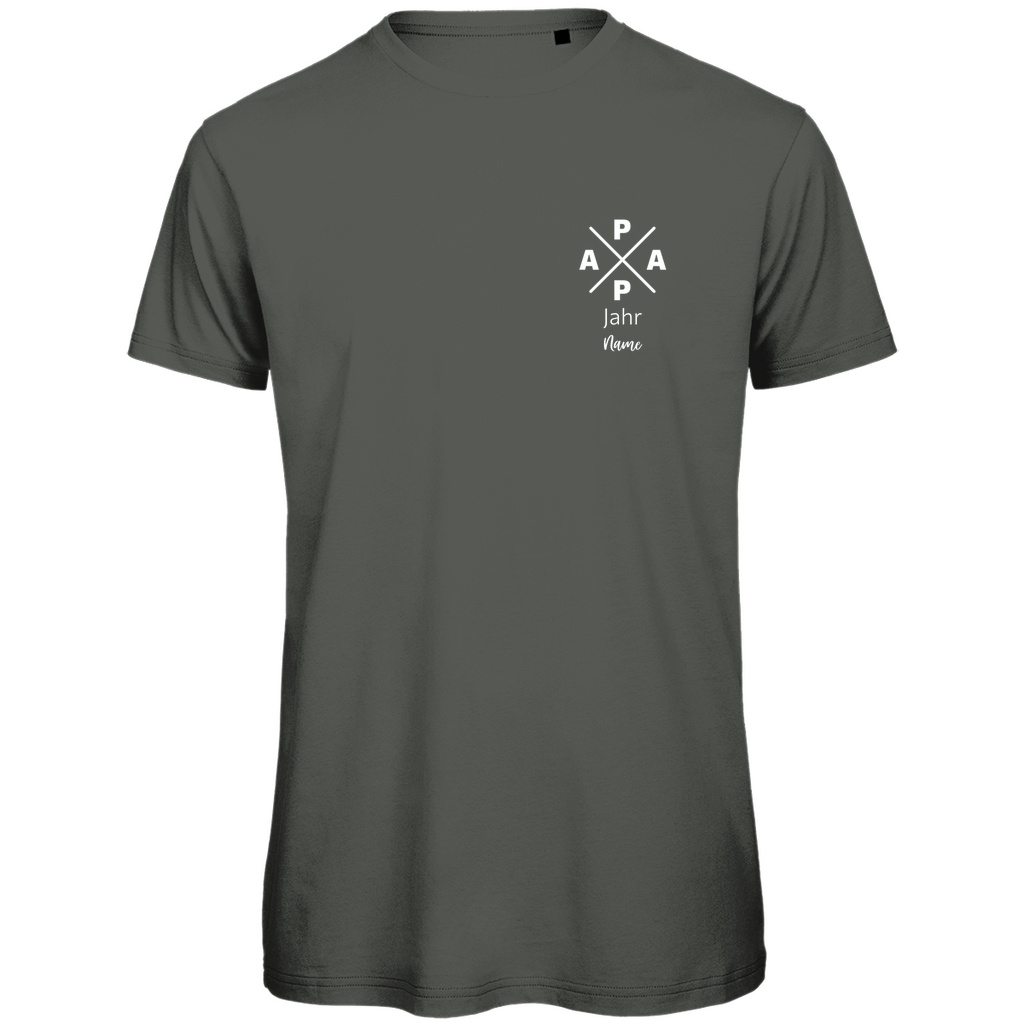 T-Shirt Herren "PAPA X Mini" personalisierbar aus Bio-Baumwolle in Khaki – minimalistisches Design für Väter, mit Namen und Geburtsjahr veredelbar.