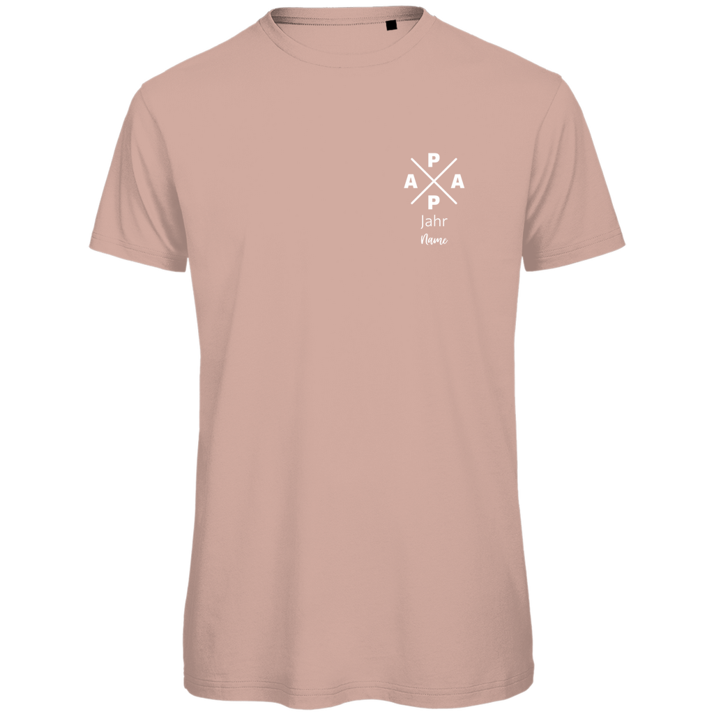 T-Shirt Herren "PAPA X Mini" personalisierbar aus Bio-Baumwolle in Rosé – minimalistisches Design für Väter, mit Namen und Geburtsjahr veredelbar.