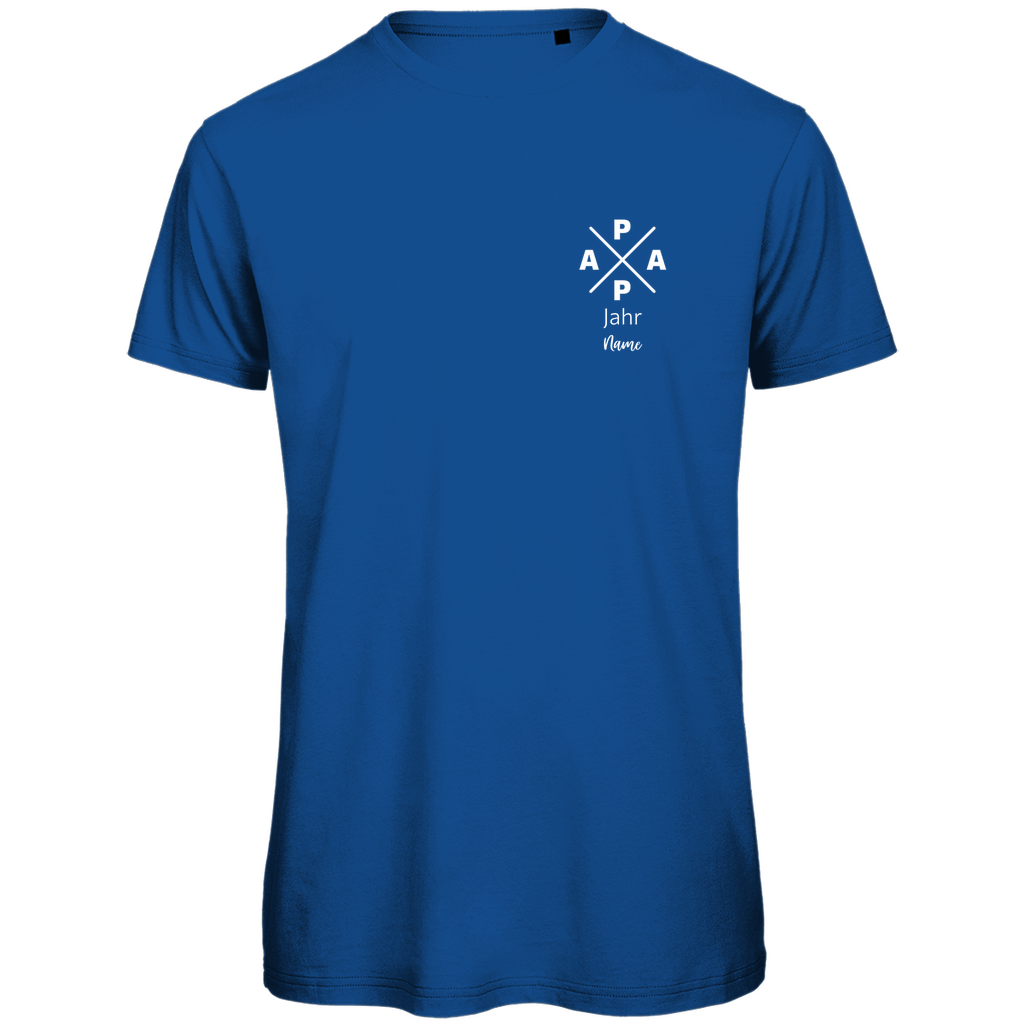 T-Shirt Herren "PAPA X Mini" personalisierbar aus Bio-Baumwolle in Royal Blau – minimalistisches Design für Väter, mit Namen und Geburtsjahr veredelbar.