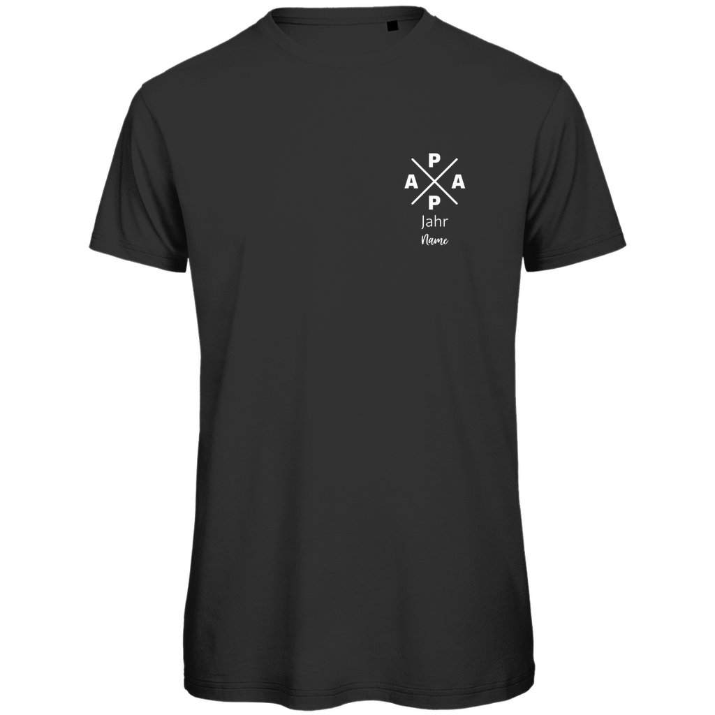 T-Shirt Herren "PAPA X Mini" personalisierbar aus Bio-Baumwolle in Schwarz – minimalistisches Design für Väter, mit Namen und Geburtsjahr veredelbar.