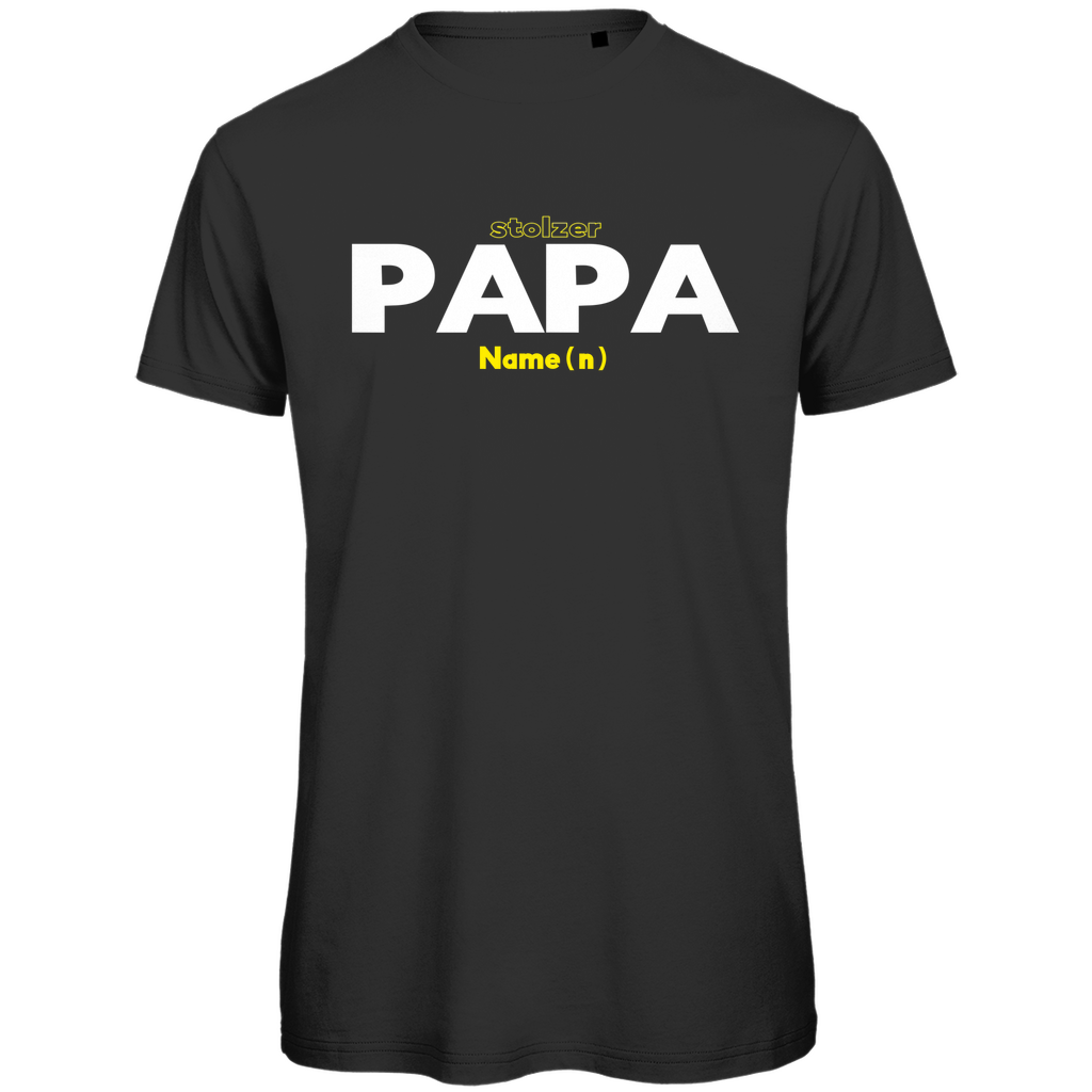 T-Shirt Herren "Stolzer Papa" personalisierbar aus Bio-Baumwolle in Schwarz – minimalistisches Design für Väter. Individuell mit Wunschnamen