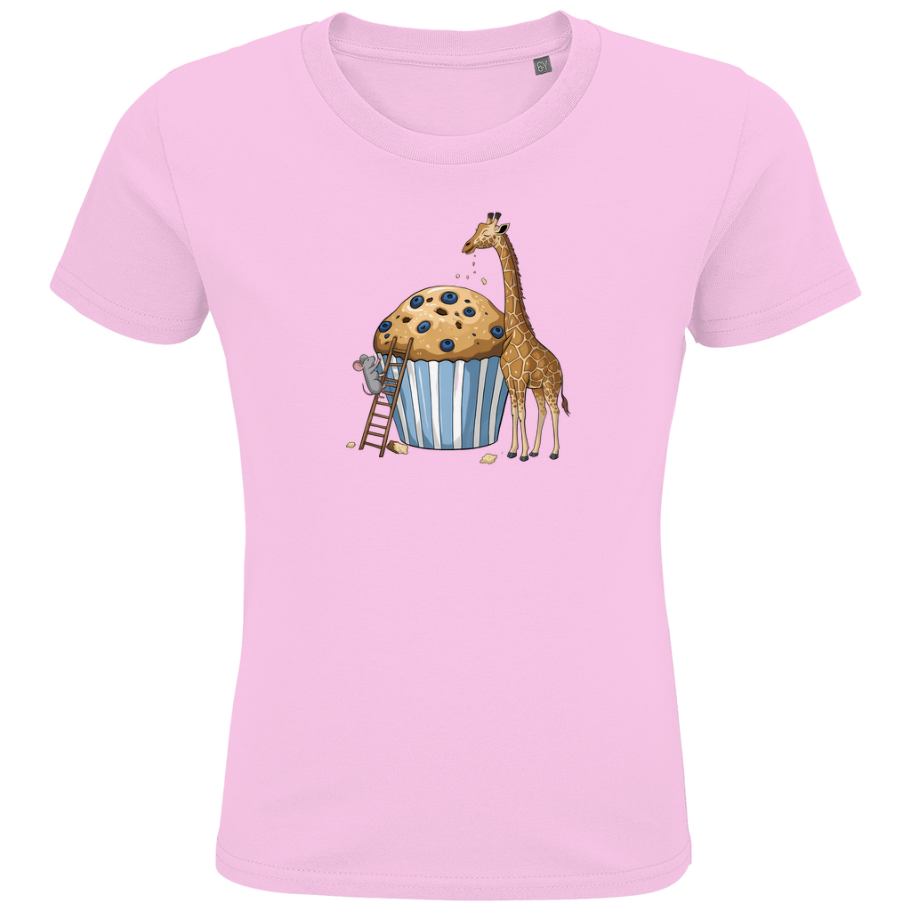 Kinder T-Shirt "Muffin Friends" Tiermotiv in Rosa: Maus auf Leiter und Giraffe an Blaubeer-Muffin aus Bio-Baumwolle
