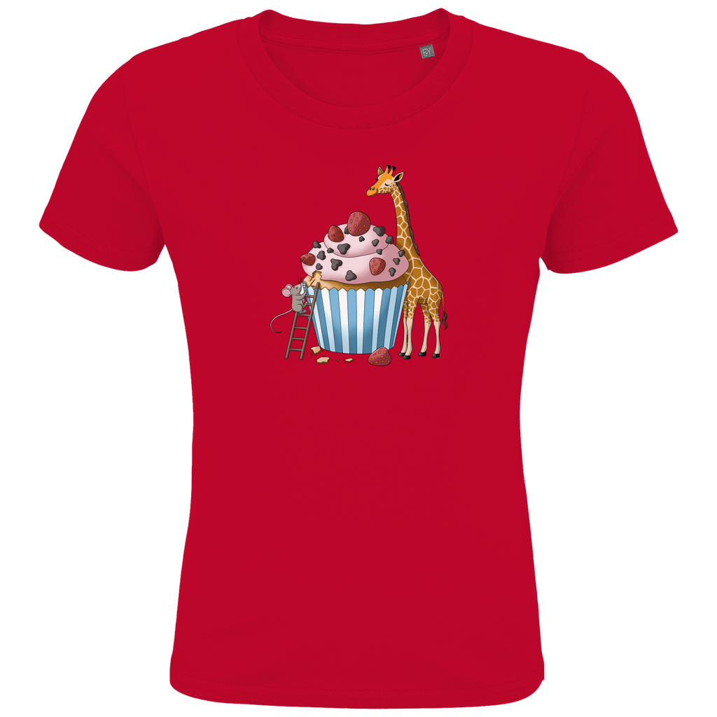 Kinder T-Shirt "Sweet Friends" Süßes Tiermotiv in Rot: Maus auf Leiter und Giraffe an Erdbeer-Schoko-Cupcake aus Bio-Baumwolle