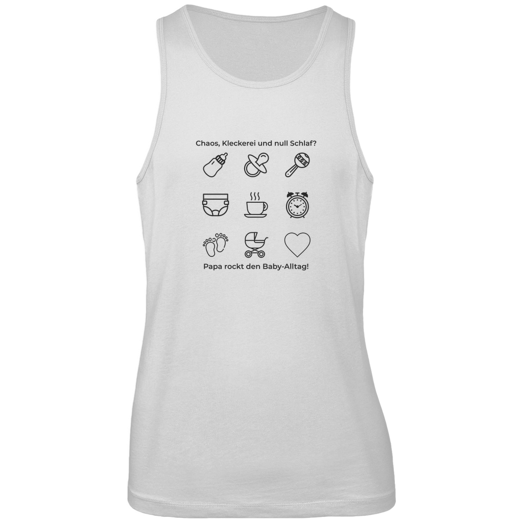 Tanktop Herren "Papa rockt das Chaos" aus Bio-Baumwolle in Weiß mit sommerlichem Papa-Statement – ärmelloses Shirt für aktive Väter mit Humor