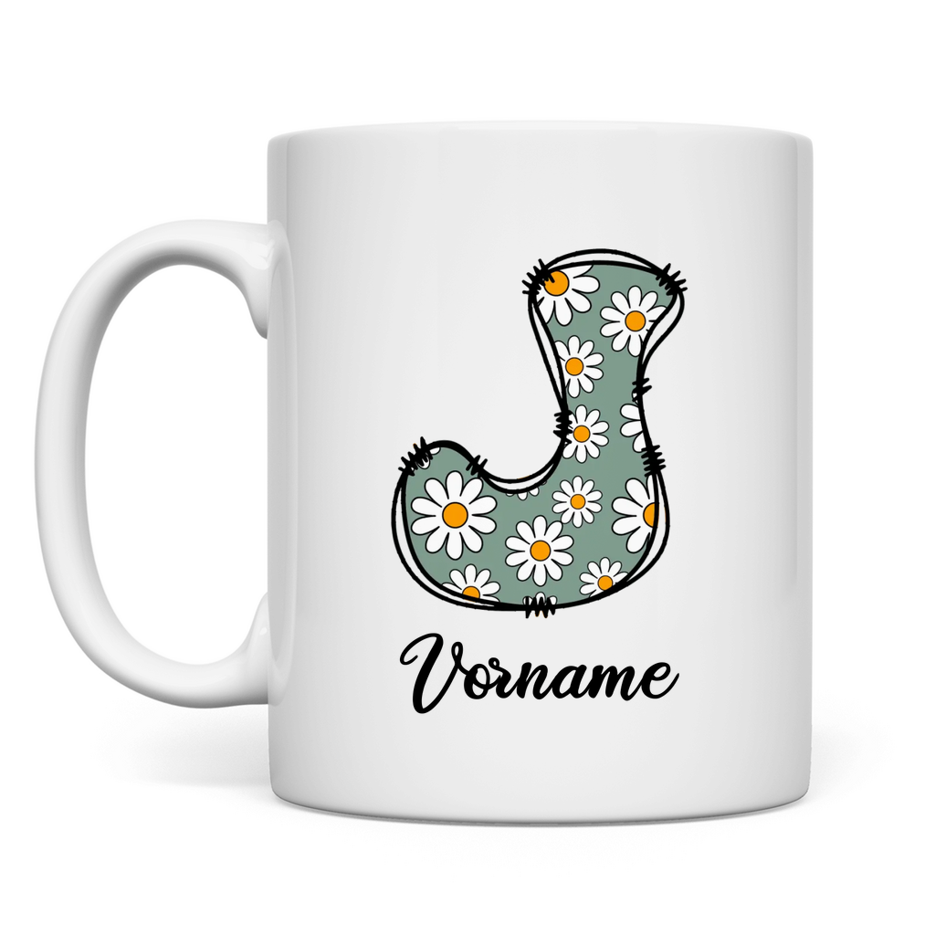 Personalisierbare Tasse aus Keramik mit floralem Monogramm und Wunschname (Rückseite) – mit Live-Vorschau im Shop, Geschenkidee für Frauen, ideal für Kaffee, Tee & stilvolle Alltagspausen