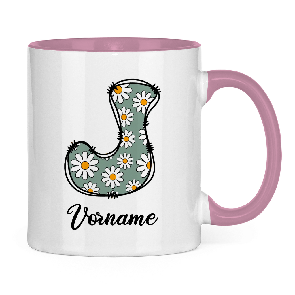 Zweifarbige Tasse aus Keramik mit floralem Monogramm & Wunschname – personalisierbar mit Live-Vorschau, rosa farbigen Henkel & Innenfläche, Geschenkidee für Frauen