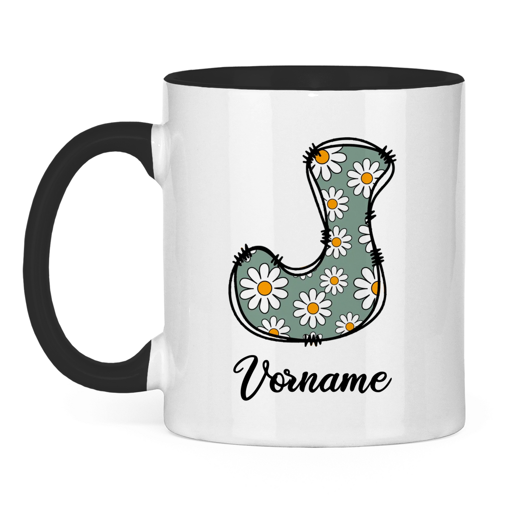 (Rückseite) Zweifarbige Tasse aus Keramik mit floralem Monogramm & Wunschname – personalisierbar mit Live-Vorschau, schwarzer Henkel & Innenfläche, Geschenkidee für Frauen
