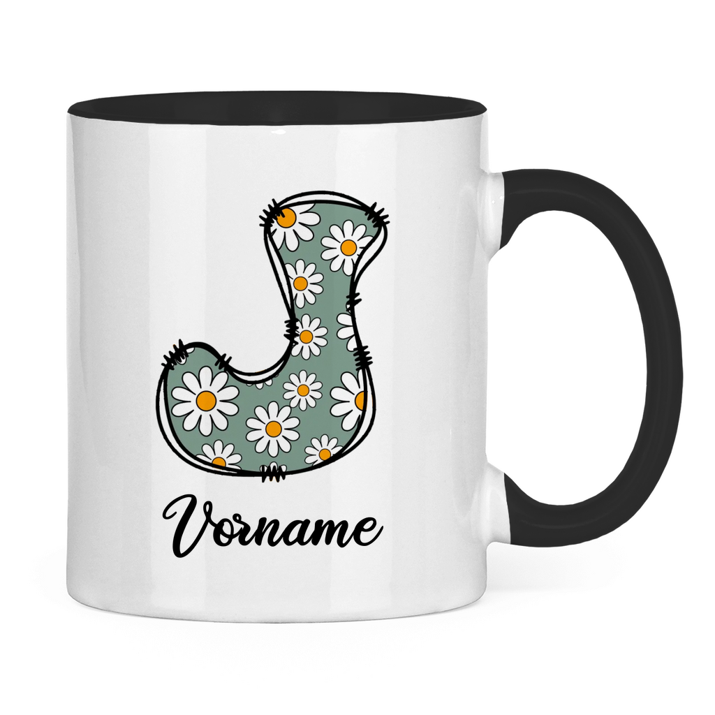 Zweifarbige Tasse aus Keramik mit floralem Monogramm & Wunschname – personalisierbar mit Live-Vorschau, schwarzer Henkel & Innenfläche, Geschenkidee für Frauen