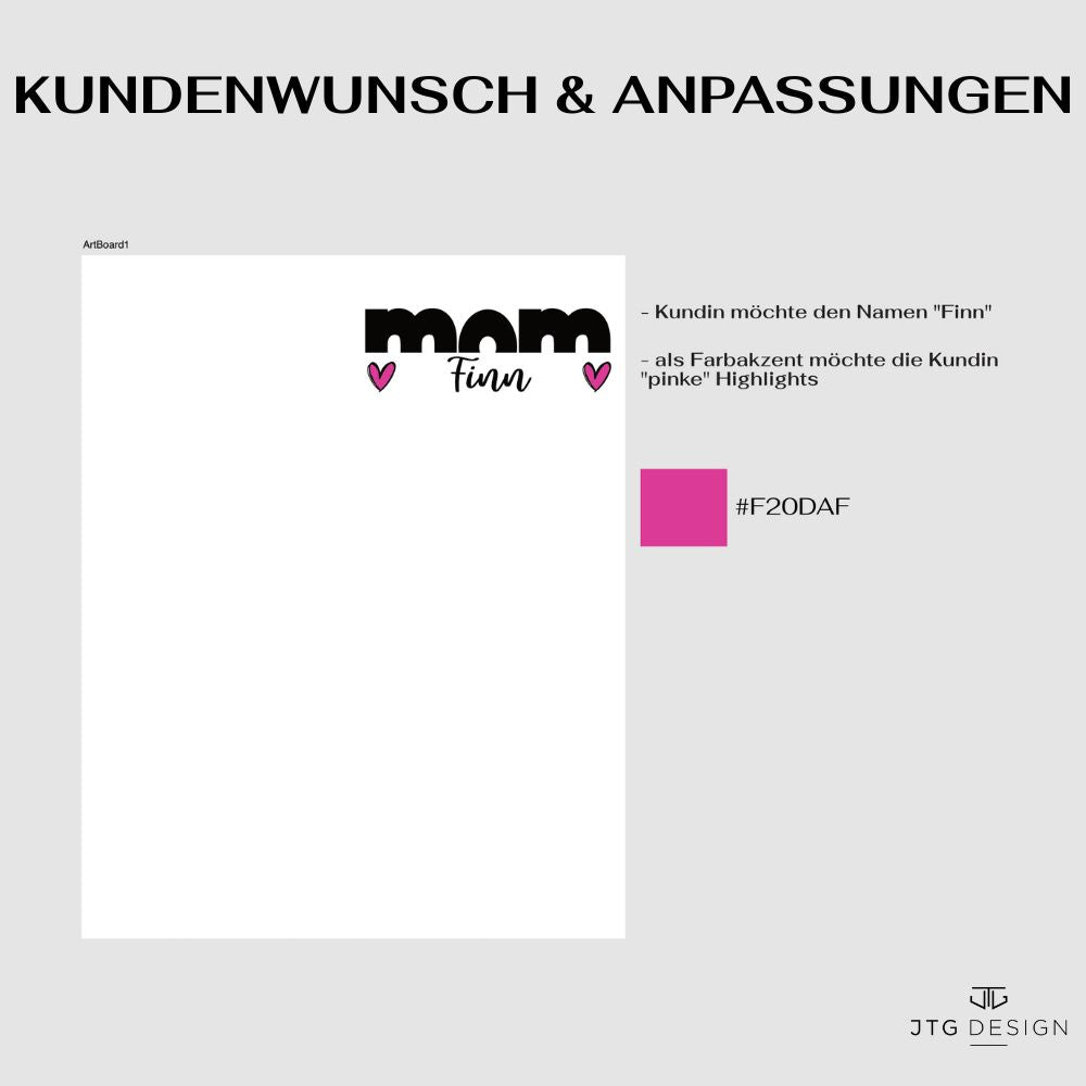 Kundinnenfeedback mit Namenswunsch und pinken Highlights am Design
