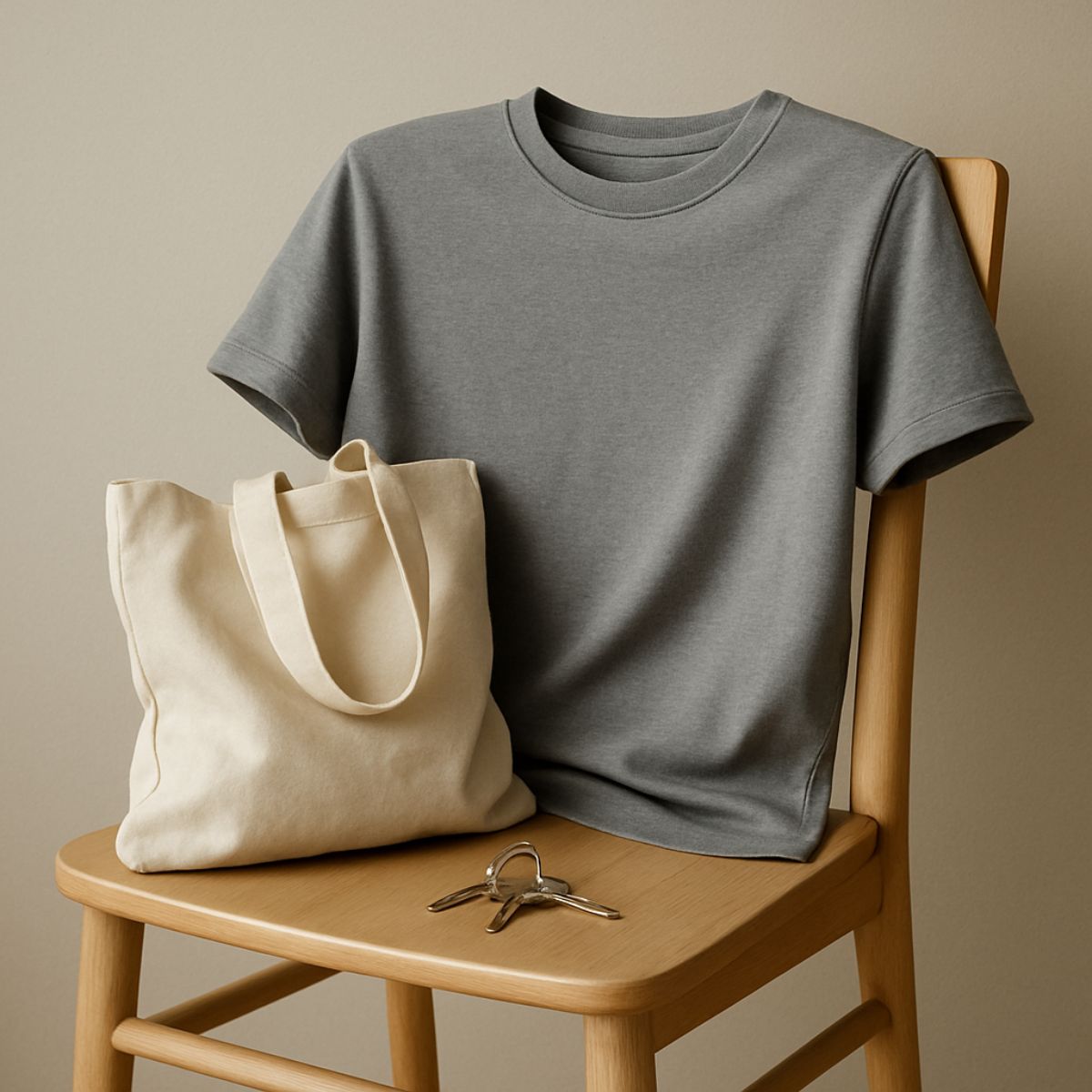 Werte-Kachel Alltag zuerst – T-Shirt über Holzstuhl mit Tasche und Schlüsseln, weiches Tageslicht, komfortorientierter Lifestyle-Look