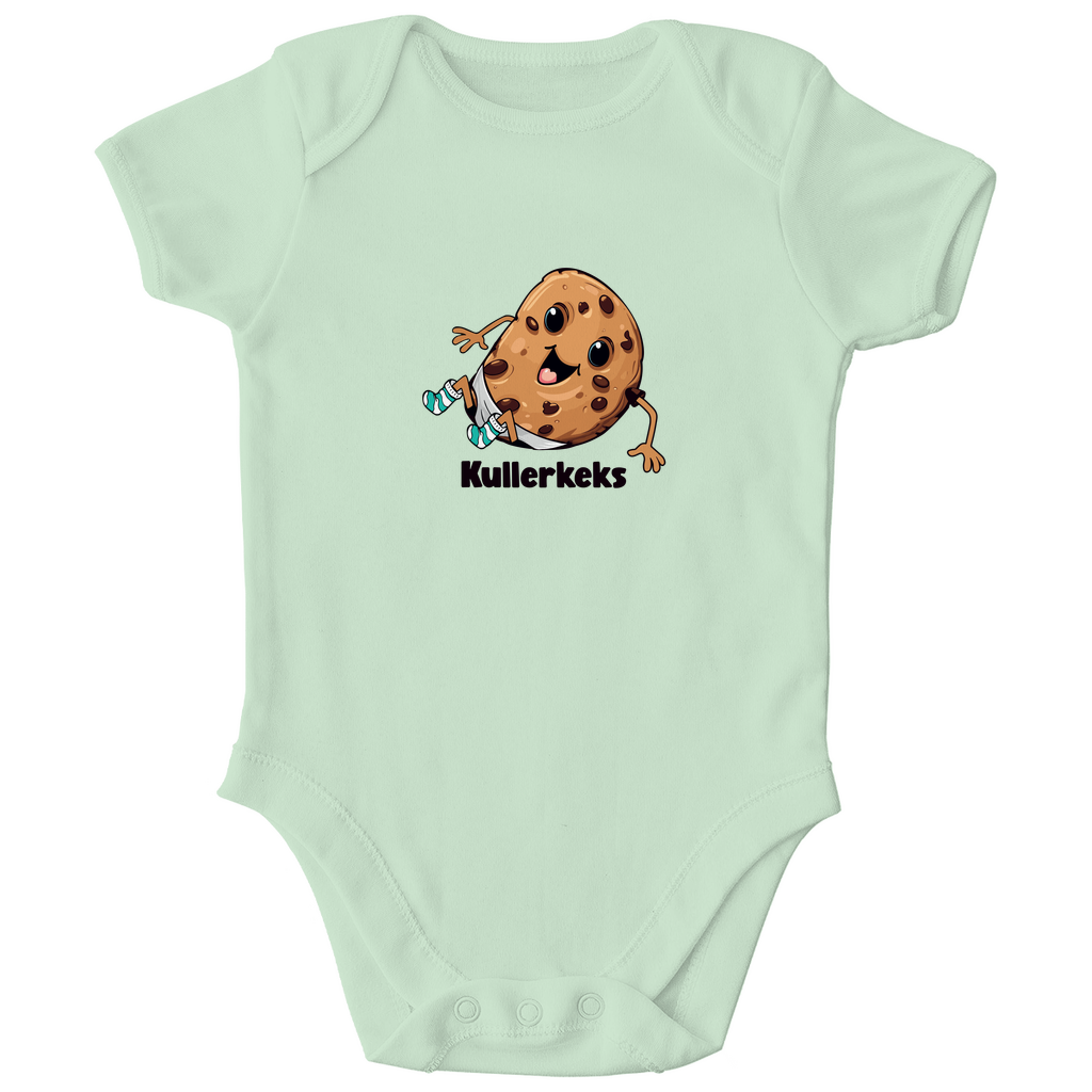 Baby Kurzarm Body "Kullerkeks" in Mint aus 100% Bio-Baumwolle mit fröhlichem Keks-Motiv, weicher Interlock-Verarbeitung und hautfreundlichen nickelfreien Druckknöpfen.