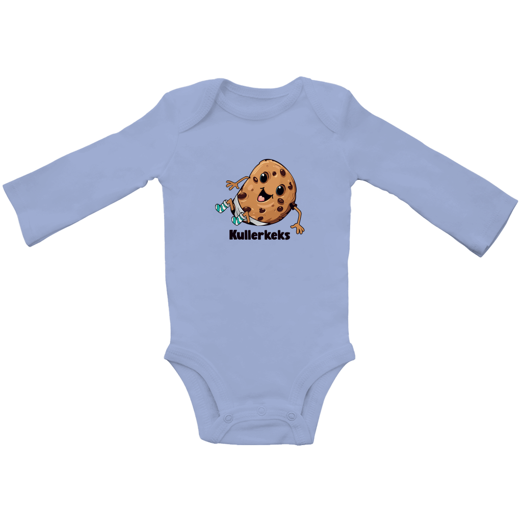Baby Langarm-Body "Kullerkeks" in Blau aus 100% Bio-Baumwolle mit fröhlichem Keks-Motiv, weicher Interlock-Verarbeitung und hautfreundlichen nickelfreien Druckknöpfen.