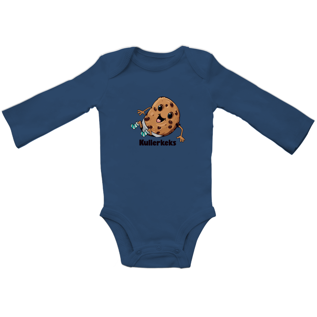 Baby Langarm-Body "Kullerkeks" in Navyblau aus 100% Bio-Baumwolle mit fröhlichem Keks-Motiv, weicher Interlock-Verarbeitung und hautfreundlichen nickelfreien Druckknöpfen.