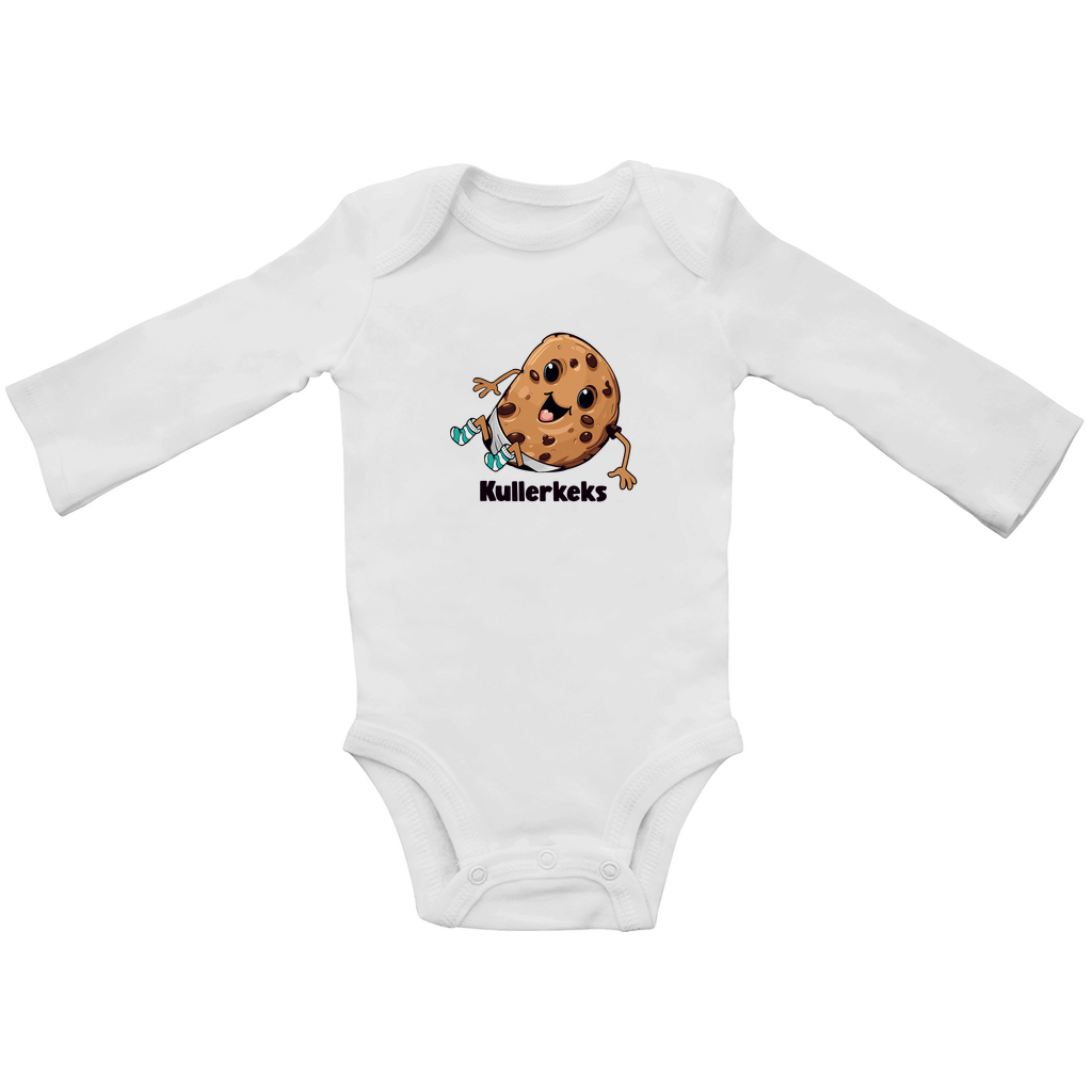 Baby Langarm-Body "Kullerkeks" in Weiß aus 100% Bio-Baumwolle mit fröhlichem Keks-Motiv, weicher Interlock-Verarbeitung und hautfreundlichen nickelfreien Druckknöpfen.