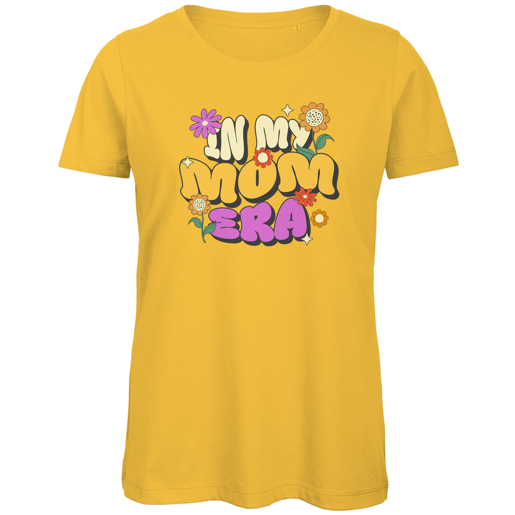 Damen T-Shirt in Gelb aus 100% Bio-Baumwolle mit Rundhalsausschnitt und Retro-Motiv „In my Mom Era“.