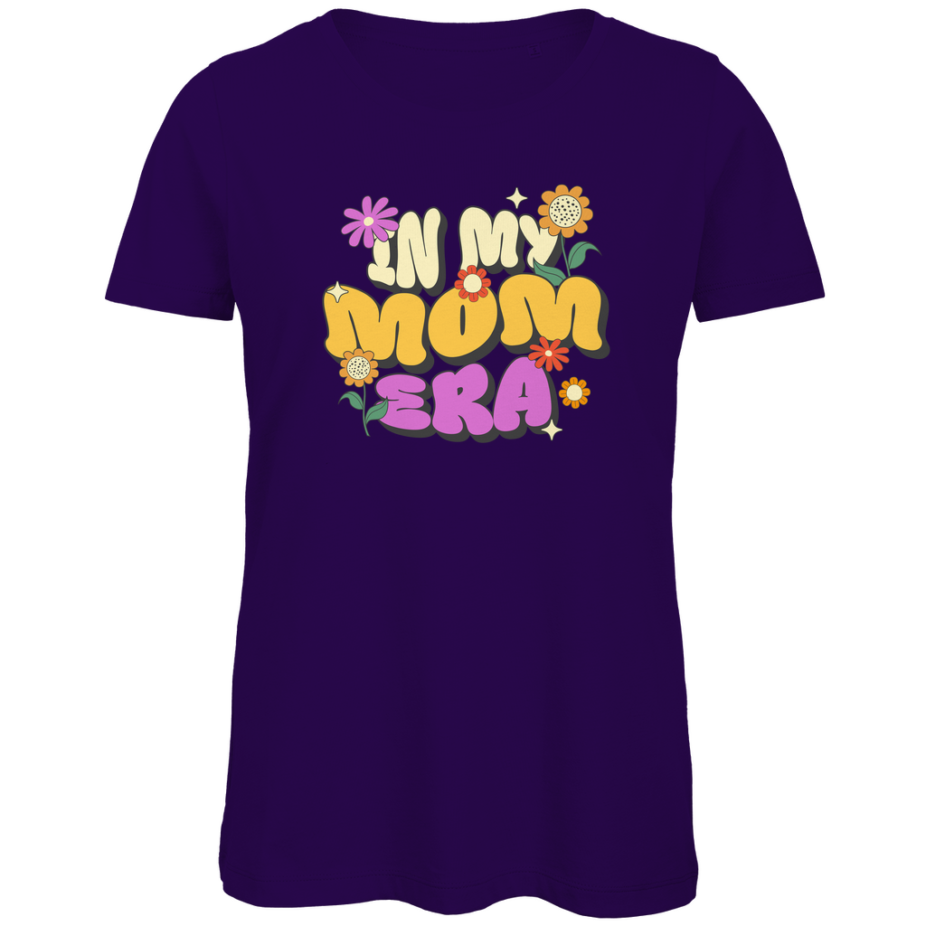 Damen T-Shirt in Lila aus 100% Bio-Baumwolle mit Rundhalsausschnitt und Retro-Motiv „In my Mom Era“.