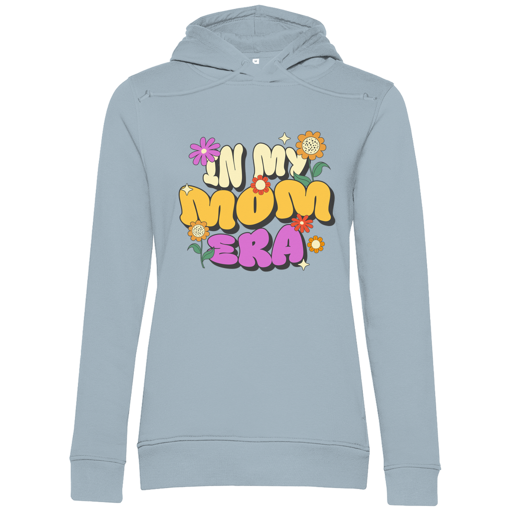 Damen Hoodie in FARBE aus Bio-Baumwolle mit Retro-Motiv „In My Mom Era“ und bunten Blumen. Nachhaltig und stylisch.