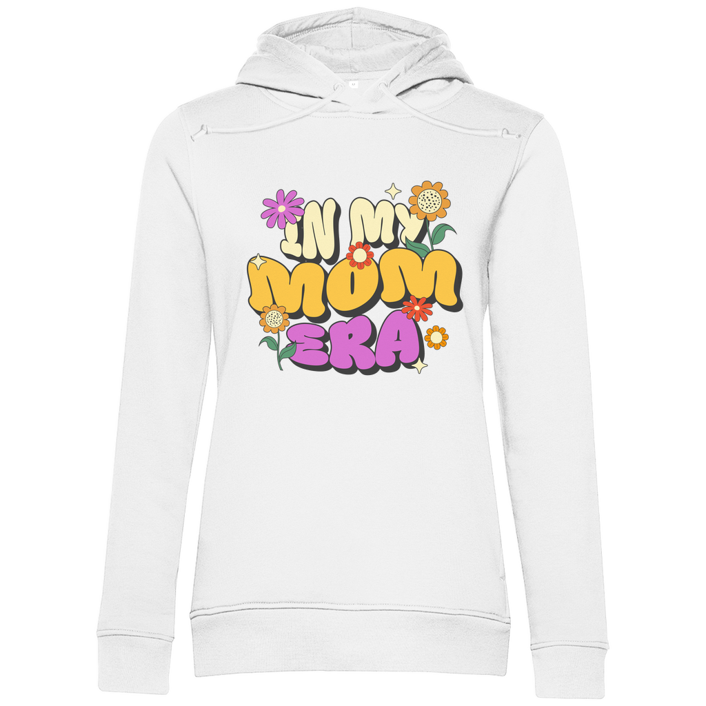 Damen Hoodie in Weiß aus Bio-Baumwolle mit Retro-Motiv „In My Mom Era“ und bunten Blumen. Nachhaltig und stylisch.
