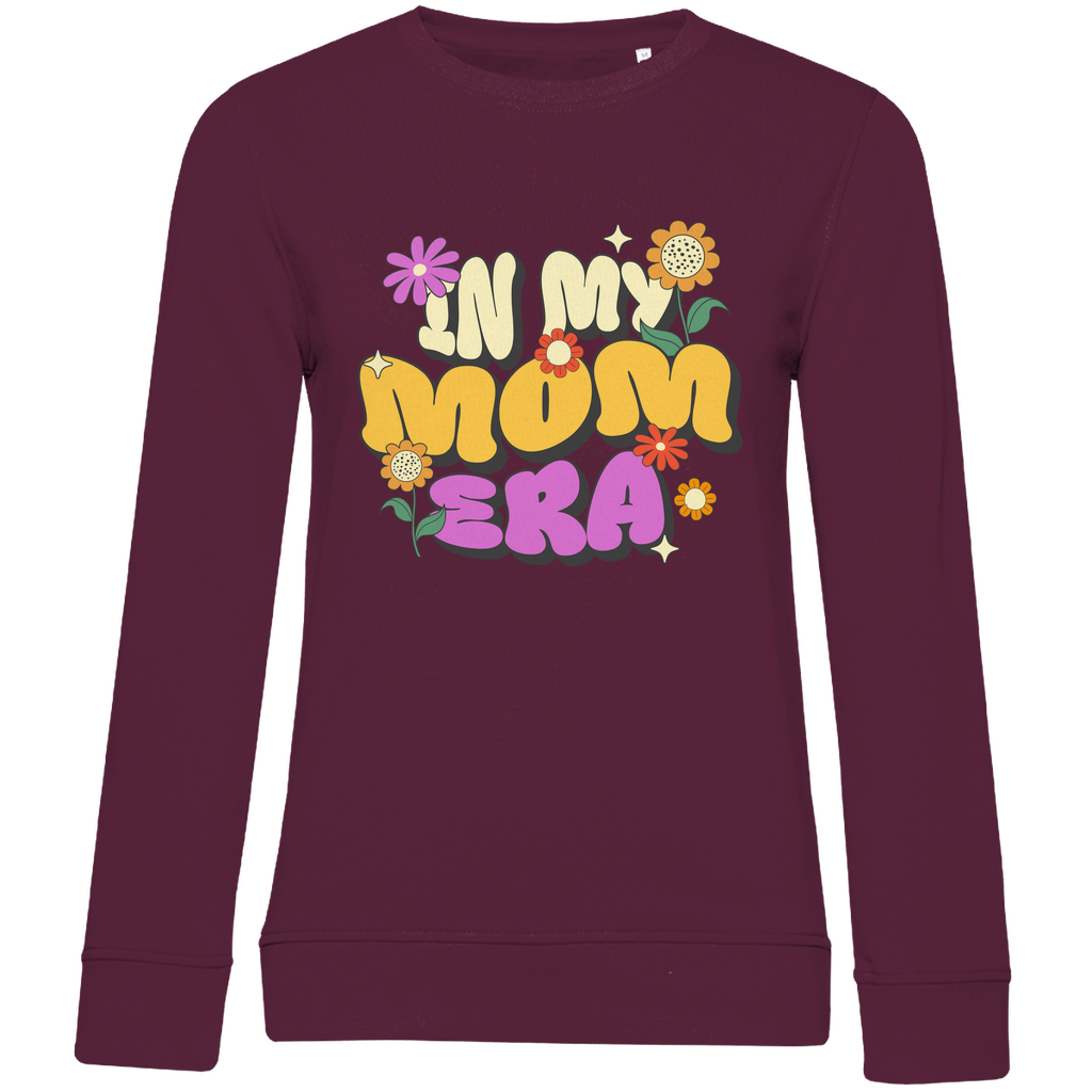 Damen Sweatshirt in Burgundy aus Bio-Baumwolle mit Rundhalsausschnitt und Retro-Motiv „In my Mom Era“.