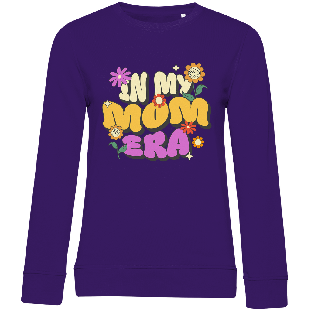 Damen Sweatshirt in Lila aus Bio-Baumwolle mit Rundhalsausschnitt und Retro-Motiv „In my Mom Era“.