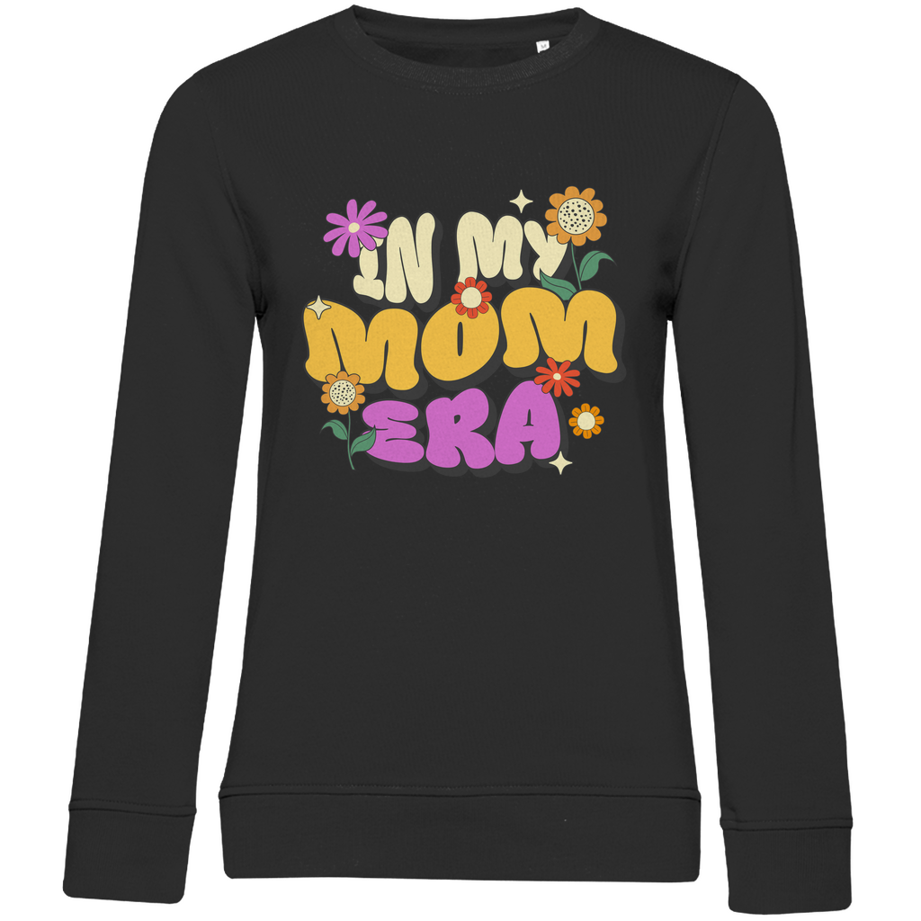 Damen Sweatshirt in Schwarz aus Bio-Baumwolle mit Rundhalsausschnitt und Retro-Motiv „In my Mom Era“.