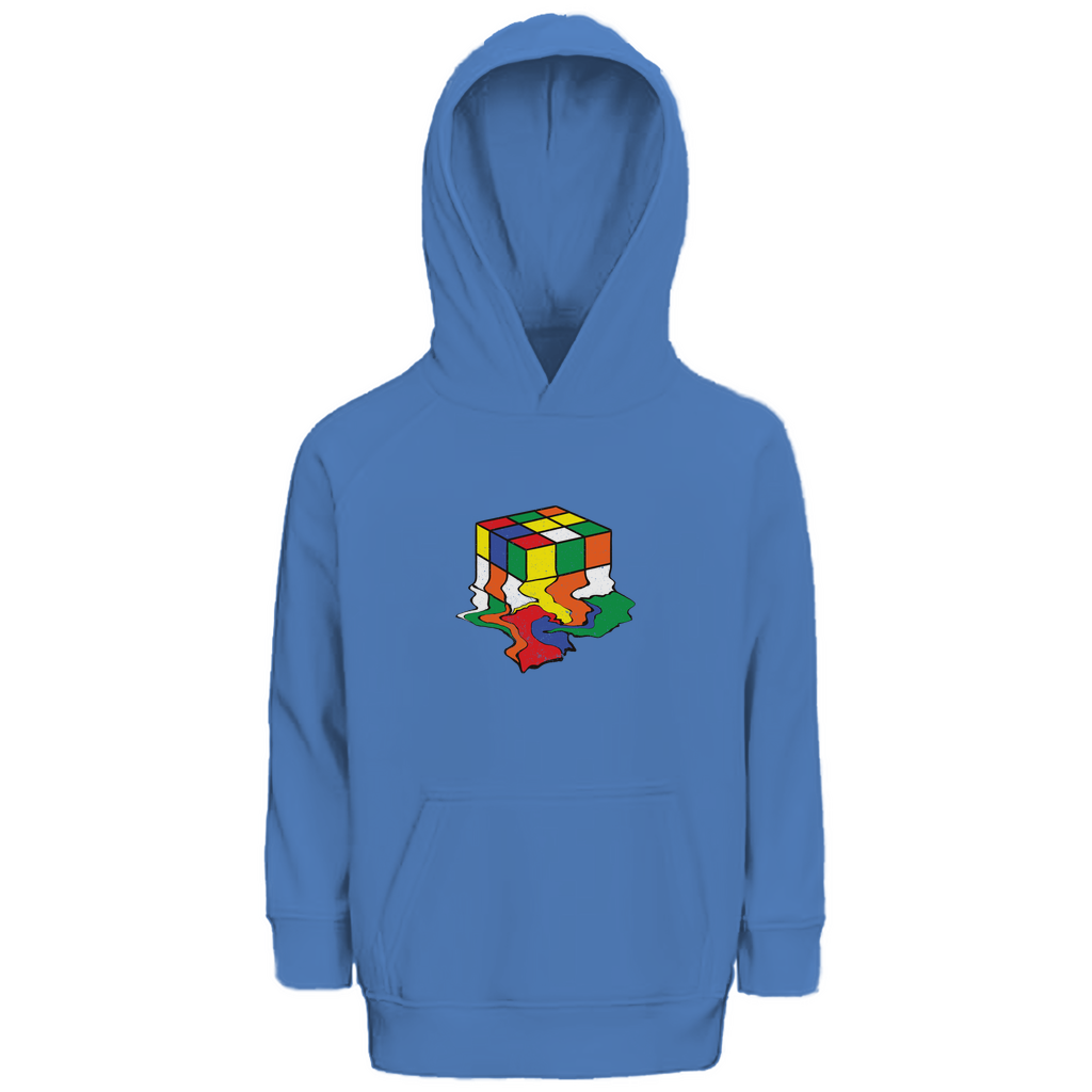 Kinder Kapuzenpullover in Blau aus Bio-Baumwolle mit buntem Rubik-Würfel-Motiv, nachhaltig in Deutschland produziert – kuschelig warm für Mädchen und Jungen.