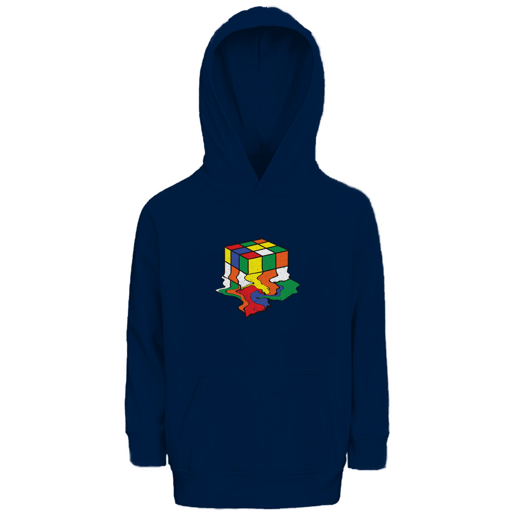 Kinder Kapuzenpullover in Navy Blue aus Bio-Baumwolle mit buntem Rubik-Würfel-Motiv, nachhaltig in Deutschland produziert – kuschelig warm für Mädchen und Jungen.
