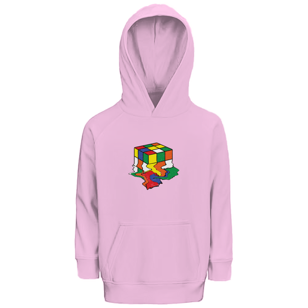 Kinder Kapuzenpullover in Pink aus Bio-Baumwolle mit buntem Rubik-Würfel-Motiv, nachhaltig in Deutschland produziert – kuschelig warm für Mädchen und Jungen.