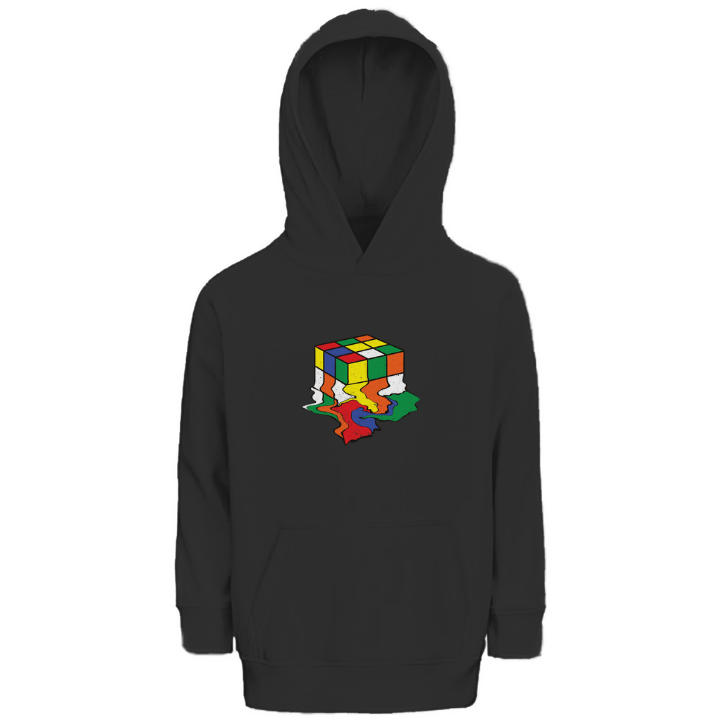 Kinder Kapuzenpullover in Schwarz aus Bio-Baumwolle mit buntem Rubik-Würfel-Motiv, nachhaltig in Deutschland produziert – kuschelig warm für Mädchen und Jungen.