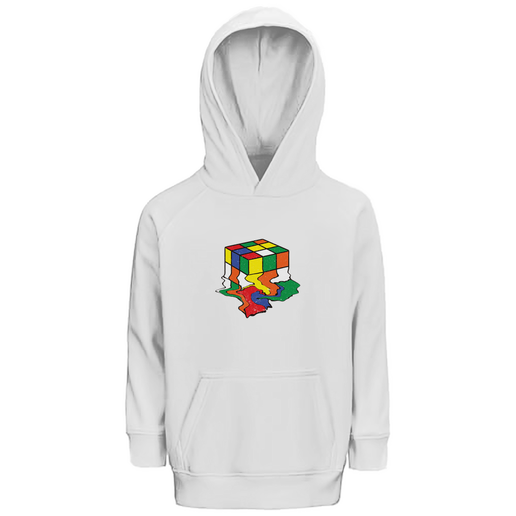 Kinder Kapuzenpullover in Weiß aus Bio-Baumwolle mit buntem Rubik-Würfel-Motiv, nachhaltig in Deutschland produziert – kuschelig warm für Mädchen und Jungen.