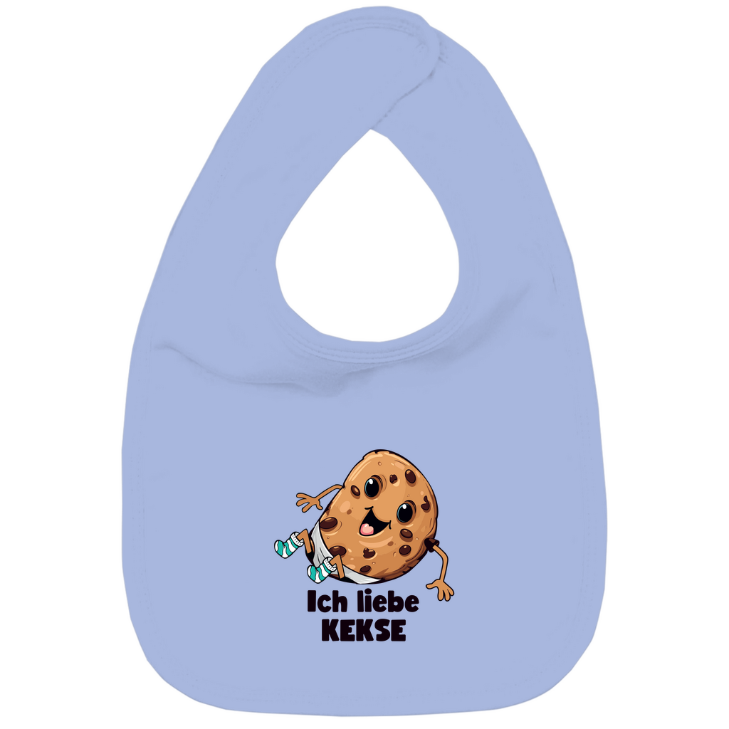 Baby Lätzchen in Blau aus Bio-Baumwolle mit "Ich Liebe Kekse"-Motiv, doppellagig mit Klettverschluss im Nacken. Strapazierfähig und weich für Essensabenteuer.