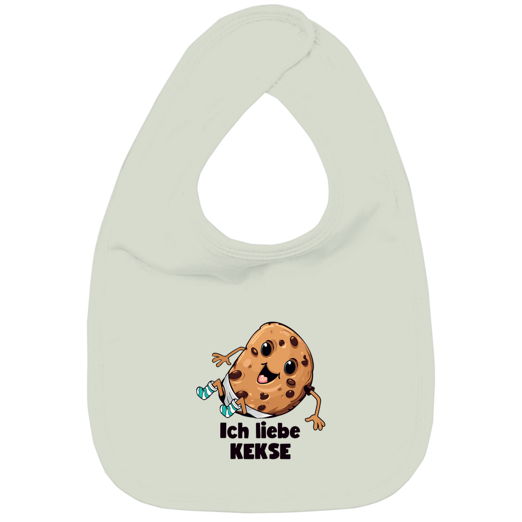 Baby Lätzchen in Grau aus Bio-Baumwolle mit "Ich Liebe Kekse"-Motiv, doppellagig mit Klettverschluss im Nacken. Strapazierfähig und weich für Essensabenteuer.
