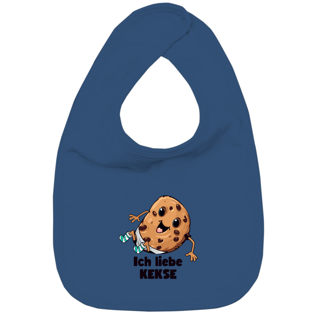 Baby Lätzchen in Navyblau aus Bio-Baumwolle mit "Ich Liebe Kekse"-Motiv, doppellagig mit Klettverschluss im Nacken. Strapazierfähig und weich für Essensabenteuer.