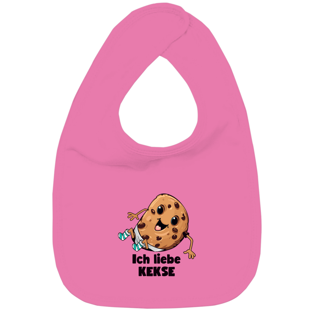 Baby Lätzchen in Pink aus Bio-Baumwolle mit "Ich Liebe Kekse"-Motiv, doppellagig mit Klettverschluss im Nacken. Strapazierfähig und weich für Essensabenteuer.