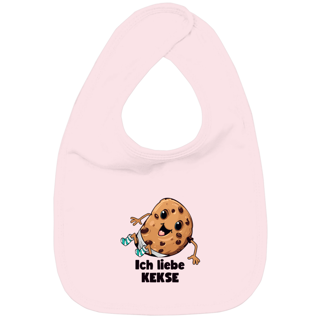 Baby Lätzchen in Rosa aus Bio-Baumwolle mit "Ich Liebe Kekse"-Motiv, doppellagig mit Klettverschluss im Nacken. Strapazierfähig und weich für Essensabenteuer.