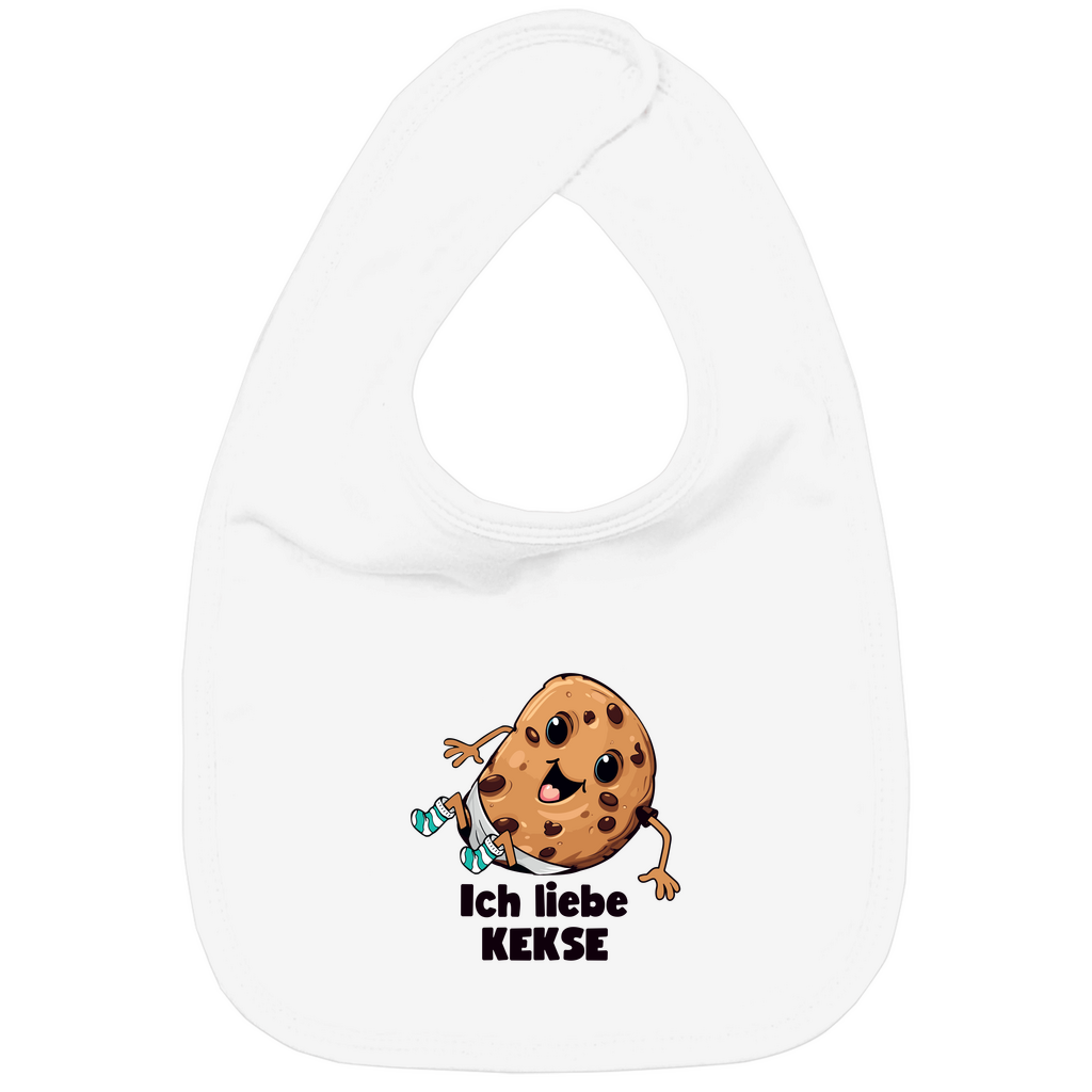 Baby Lätzchen in Weiß aus Bio-Baumwolle mit "Ich Liebe Kekse"-Motiv, doppellagig mit Klettverschluss im Nacken. Strapazierfähig und weich für Essensabenteuer.