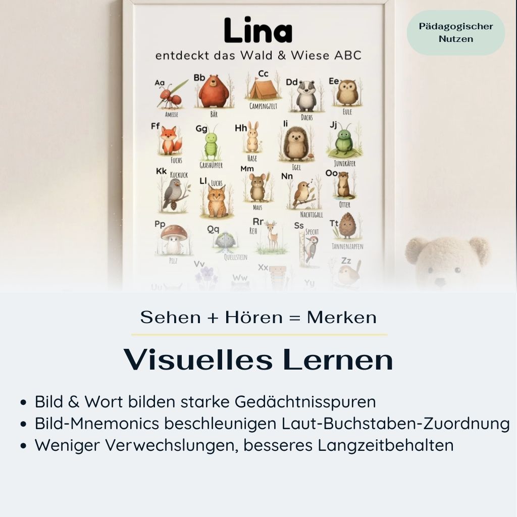 Rahmung eines personalisierten ABC Posters Wald und Wiese im Kinderzimmer mit Name ‚Lina‘, pädagogischer Nutzen Visuelles Lernen hervorgehoben, Fokus auf Bild-Wort-Verknüpfung und Gedächtnisstütze, Lernposter im Hochformat für Kinderzimmer und Kita