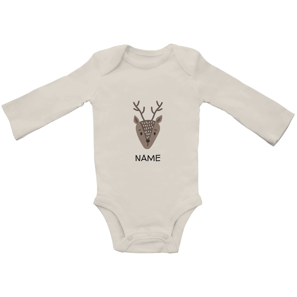 Baby Langarm Body "Little Deer" in Beige: Minimalistisches Reh-Tiermotiv im skandinavischen Design, personalisierbar mit Wunschname"