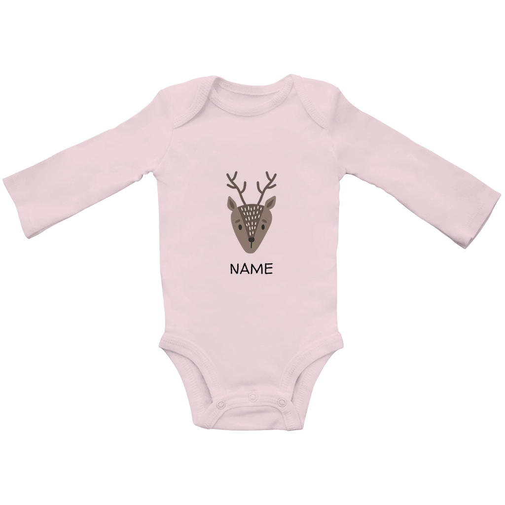 Baby Langarm Body "Little Deer" in Rosa: Minimalistisches Reh-Tiermotiv im skandinavischen Design, personalisierbar mit Wunschname"