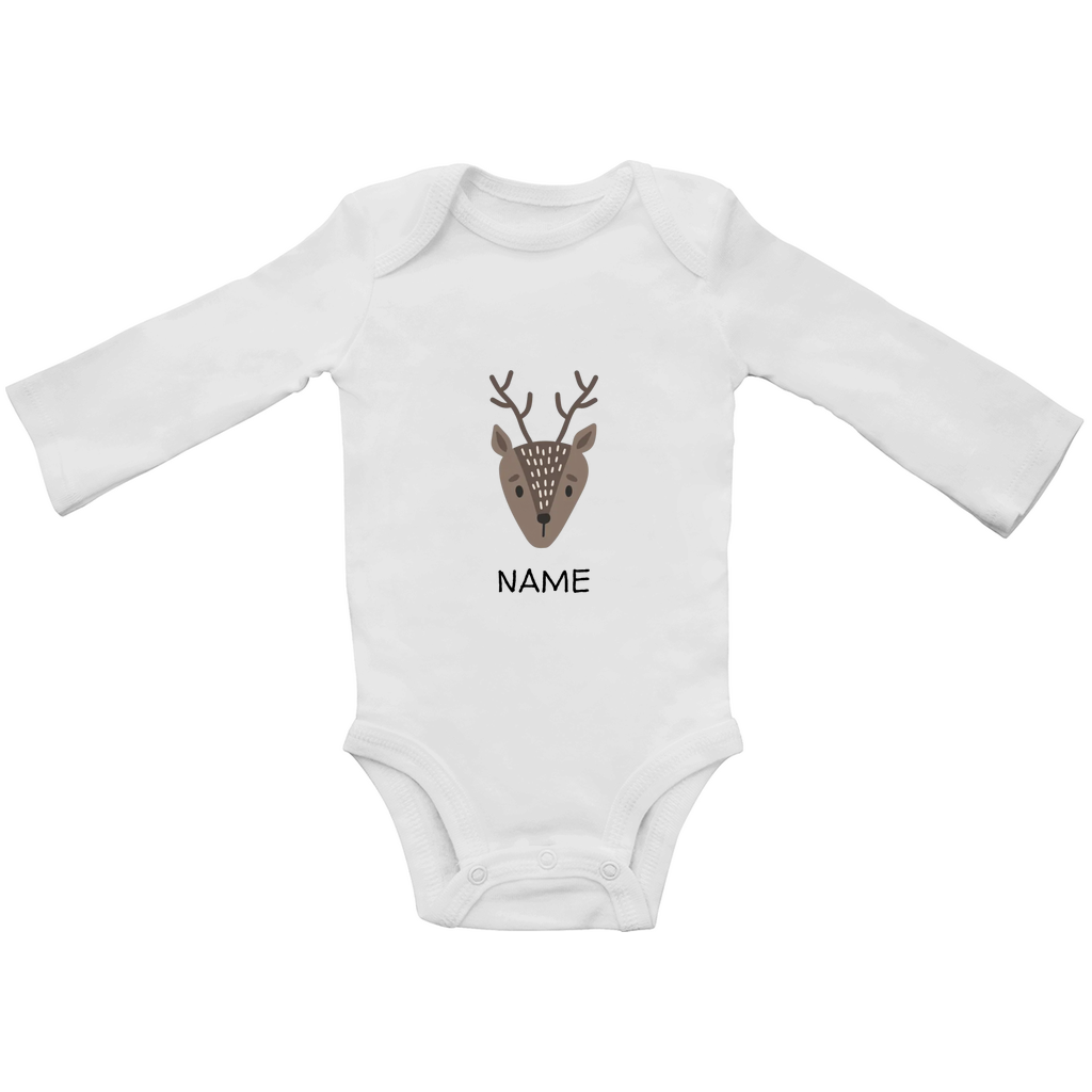 Baby Langarm Body "Little Deer" in Weiß: Minimalistisches Reh-Tiermotiv im skandinavischen Design, personalisierbar mit Wunschname"