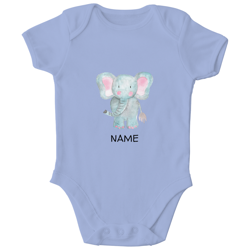Baby Kurzarm Body "Little Elephant" in Blau: Handgezeichnetes Elefanten-Tiermotiv in Blau- und Rosatönen, personalisierbar mit Namen